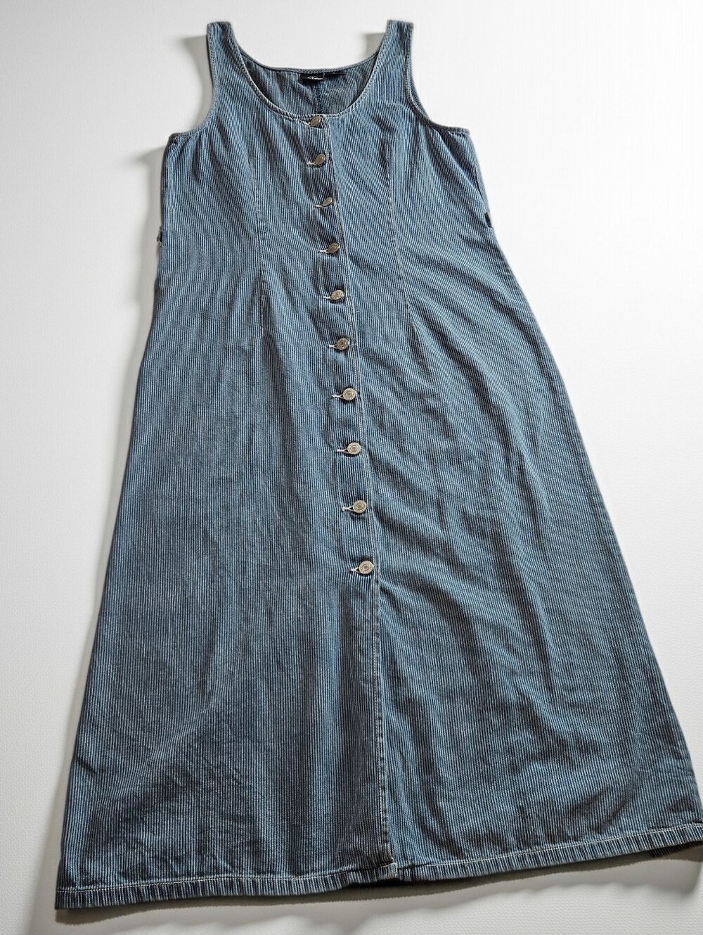 Vintage 90s Dockers Hickory Stripe Denim Women Midi Dress Cottagecore Size M